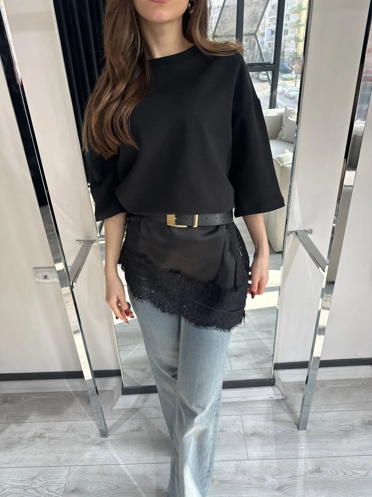 DANTEL DETAY SİYAH T-SHİRT ELBİSE