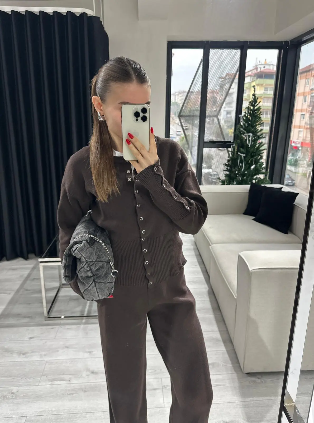 BEL DETAYLI İKİLİ KAHVERENGİ TRİKO TAKIM