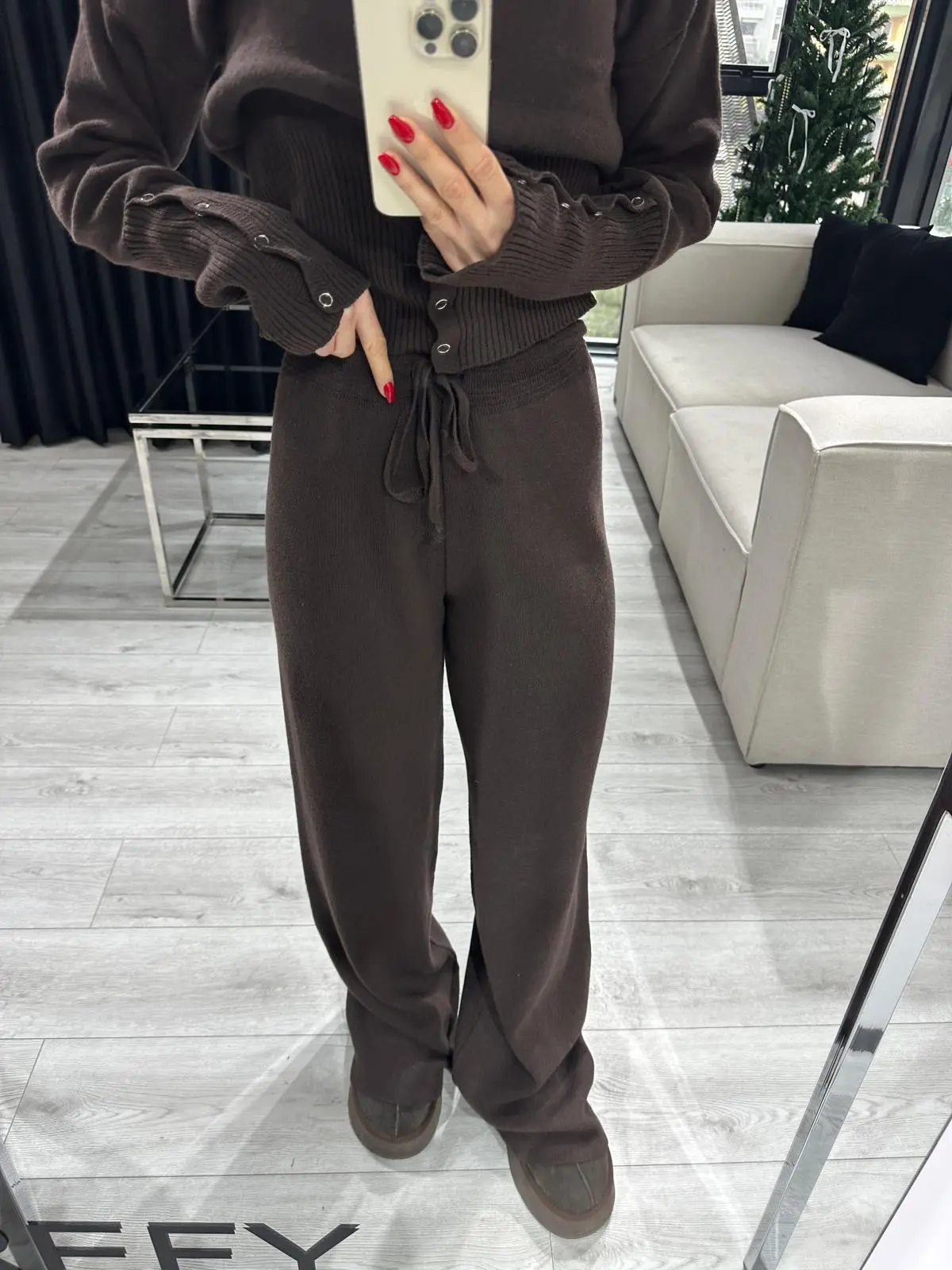 BEL DETAYLI İKİLİ KAHVERENGİ TRİKO TAKIM