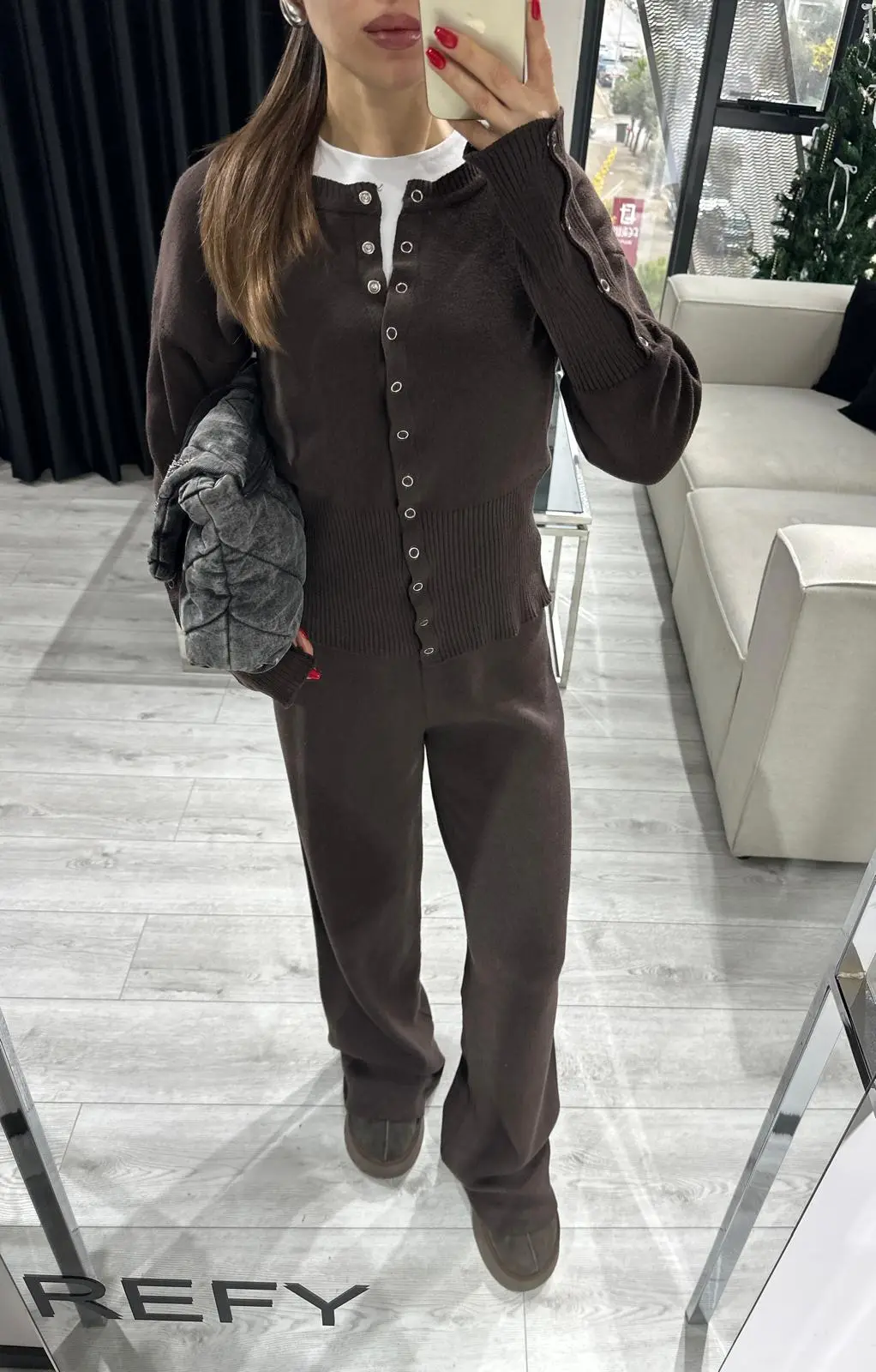 BEL DETAYLI İKİLİ KAHVERENGİ TRİKO TAKIM