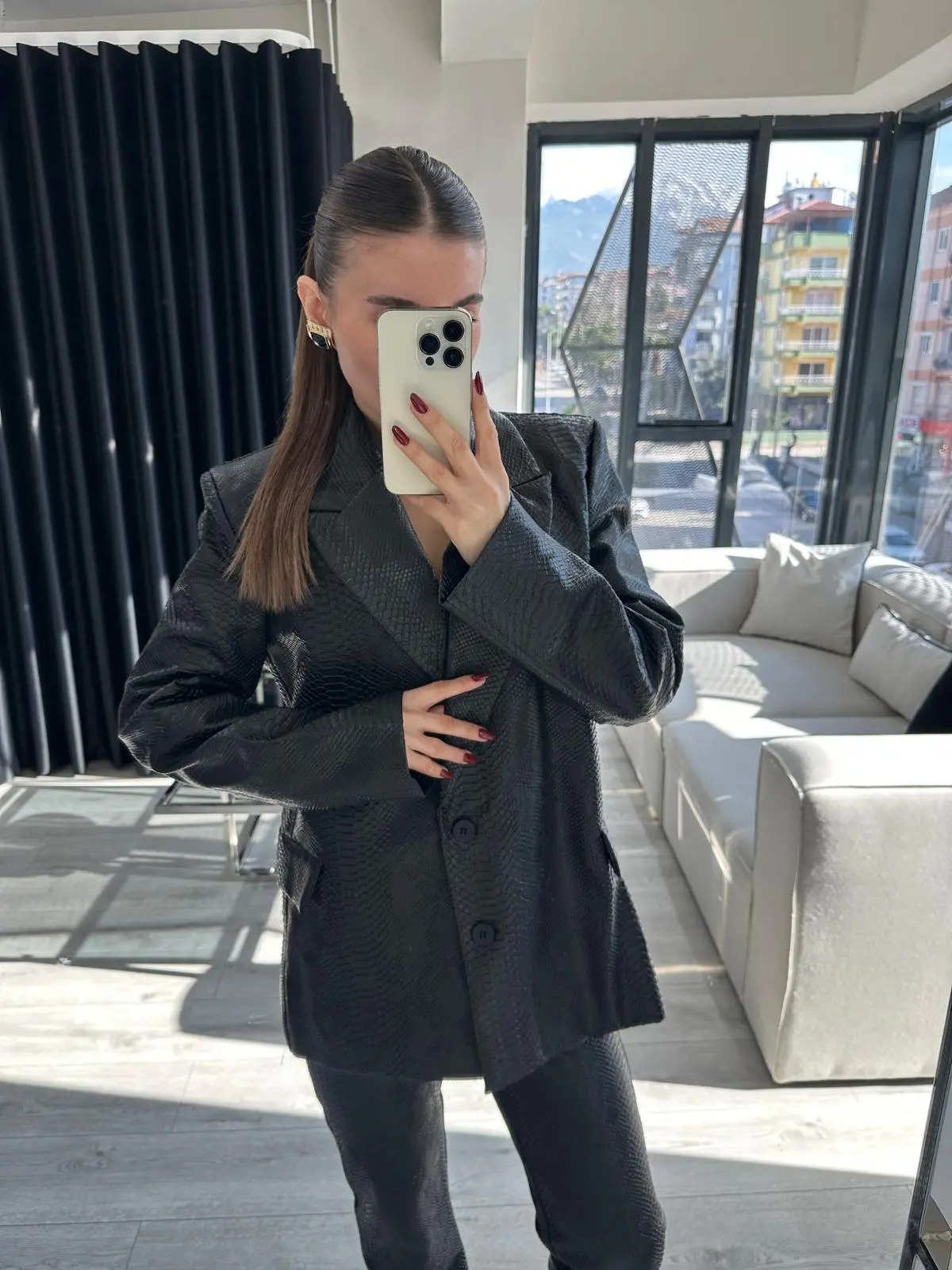 DOKULU YILAN DESEN DERİ BLAZER CEKET
