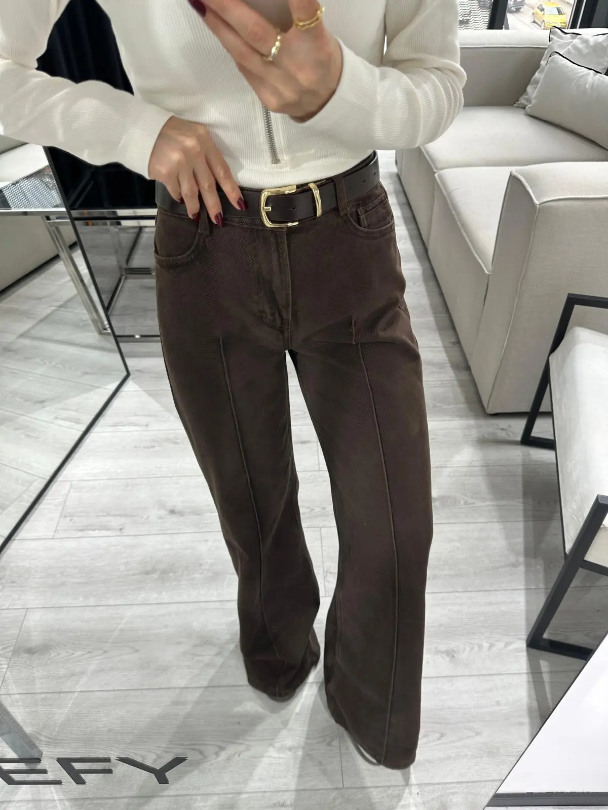 ÖNDEN DİKİŞ DETAYLI KAHVERENGİ JEAN