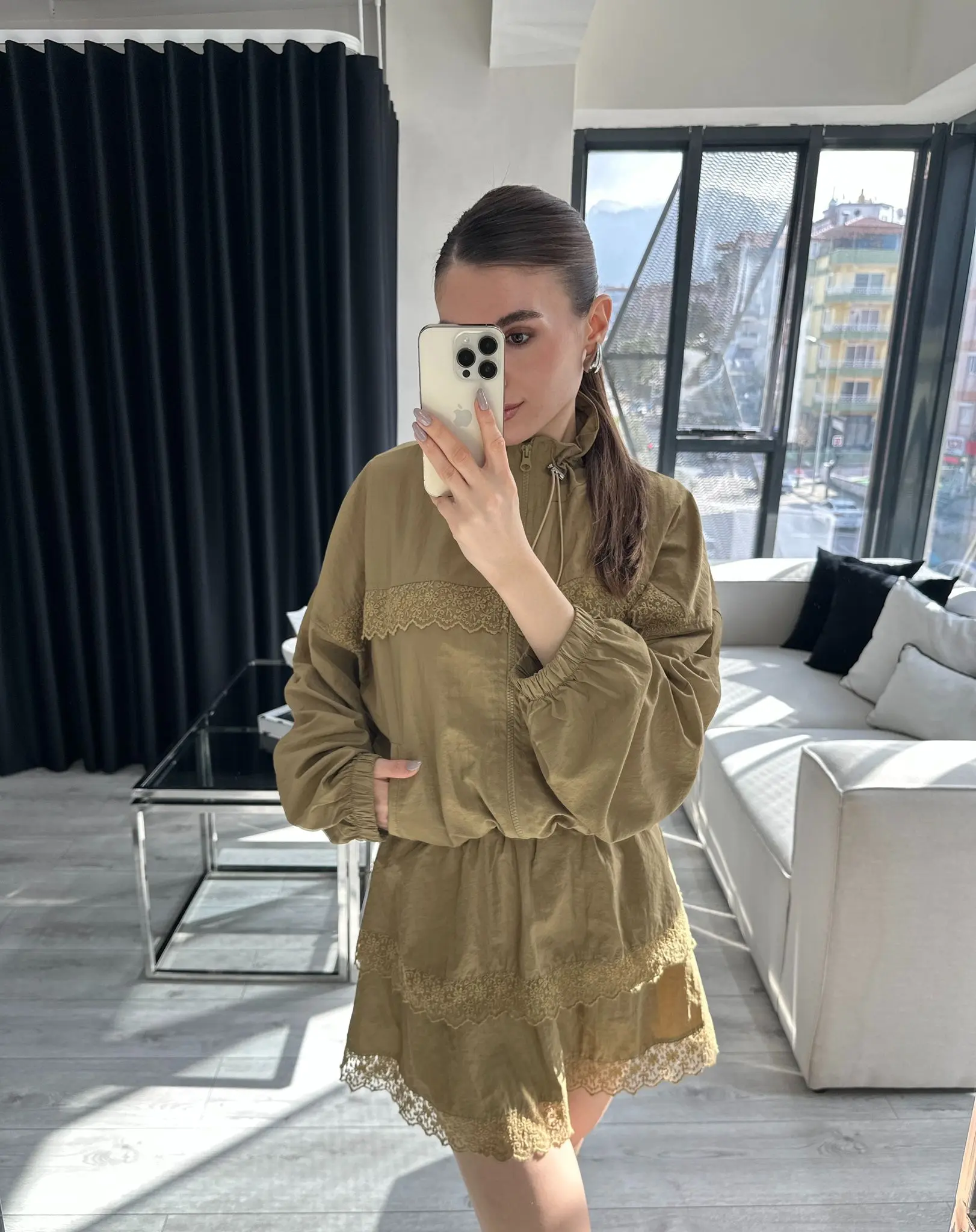 PARAŞÜT DANTEL DETAYLI YAĞ YEŞİLİ TAKIM