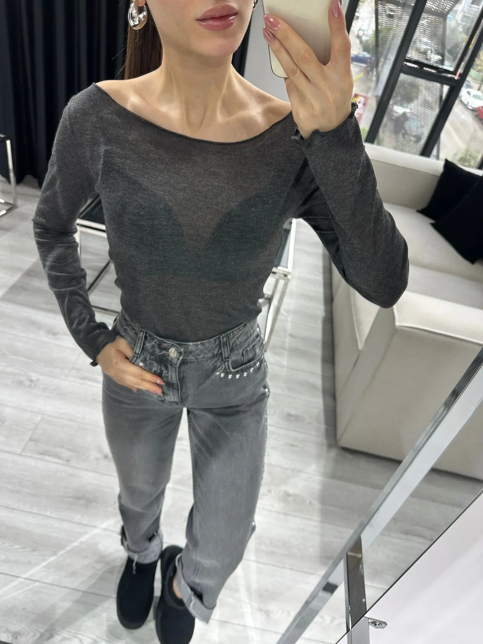 KAYIK YAKA FÜME TRANSPARAN BLUZ