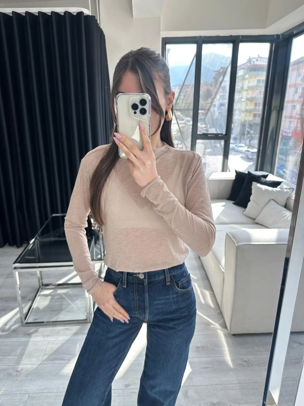 DİK YAKA PUDRA TRANSPARAN BLUZ