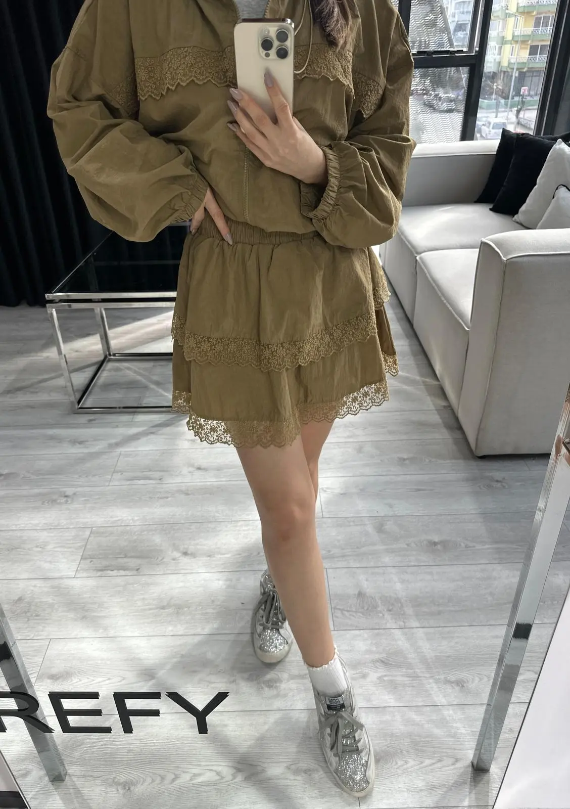 PARAŞÜT DANTEL DETAYLI YAĞ YEŞİLİ TAKIM