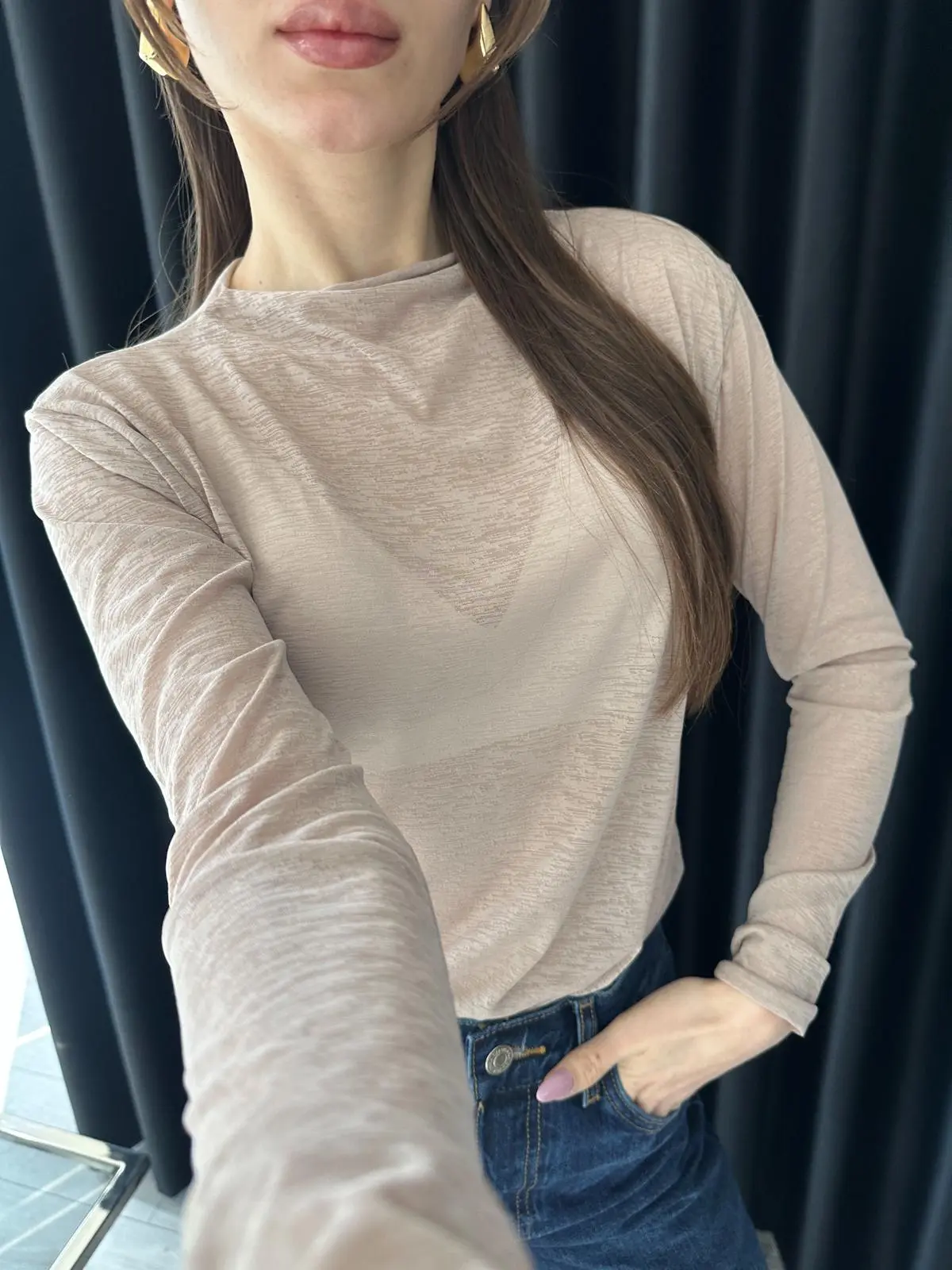 DİK YAKA PUDRA TRANSPARAN BLUZ