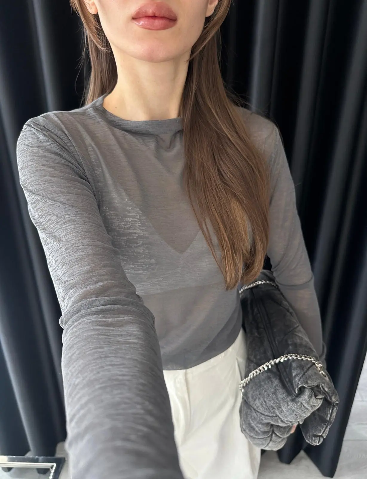 DİK YAKA FÜME TRANSPARAN BLUZ