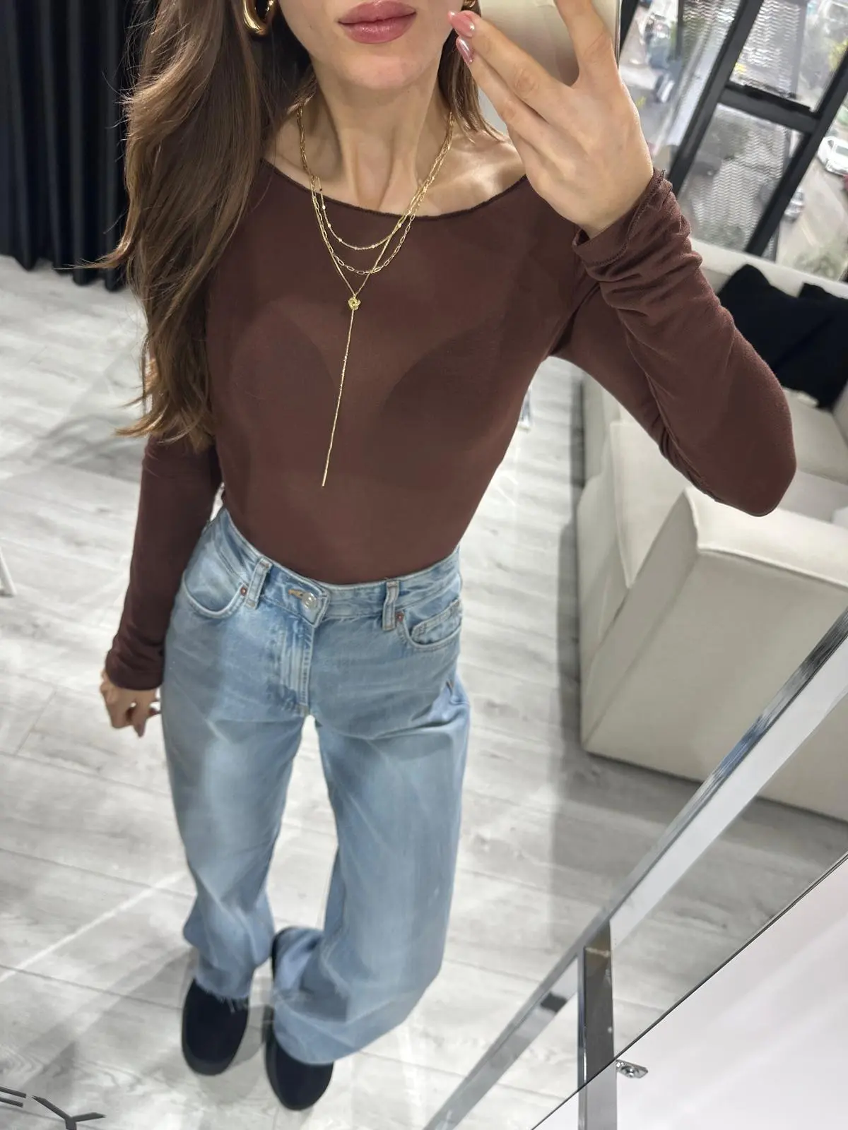 KİREMİT KAYIK YAKA TRANSPARAN BLUZ