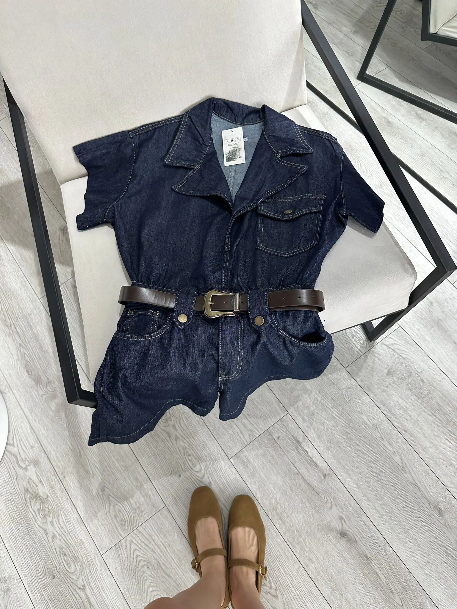 TEK CEPLİ KEMERLİ DENİM TULUM