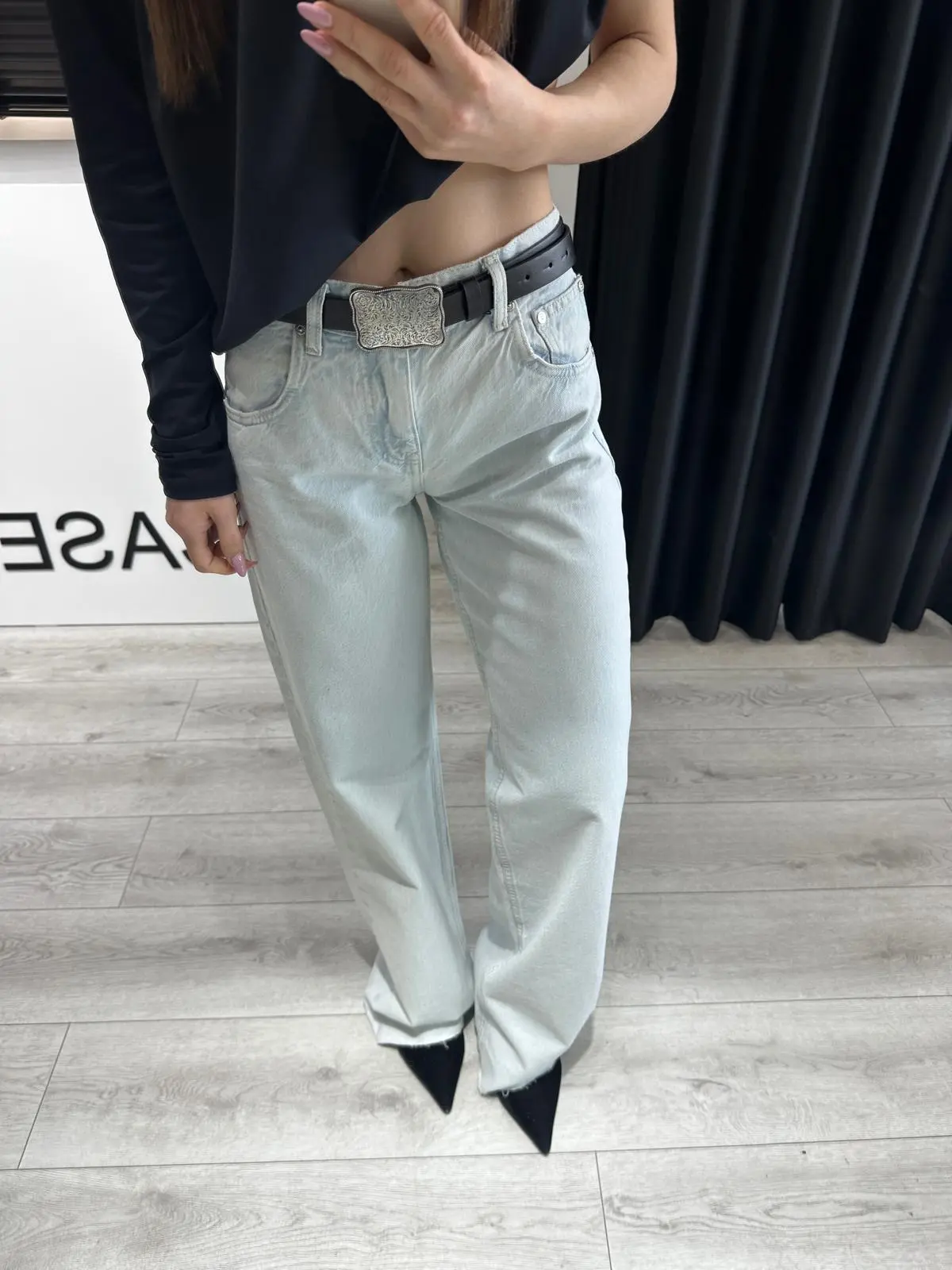 ORTA BEL BUZ MAVİ WİDE LEG JEAN