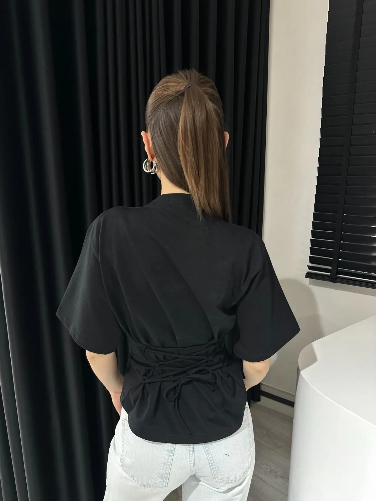 Arkası İp Detay Siyah Basic Tshirt