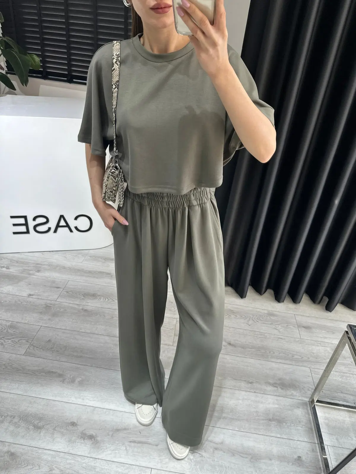 HAKİ BOL PAÇA PANTOLON CROP TAKIM