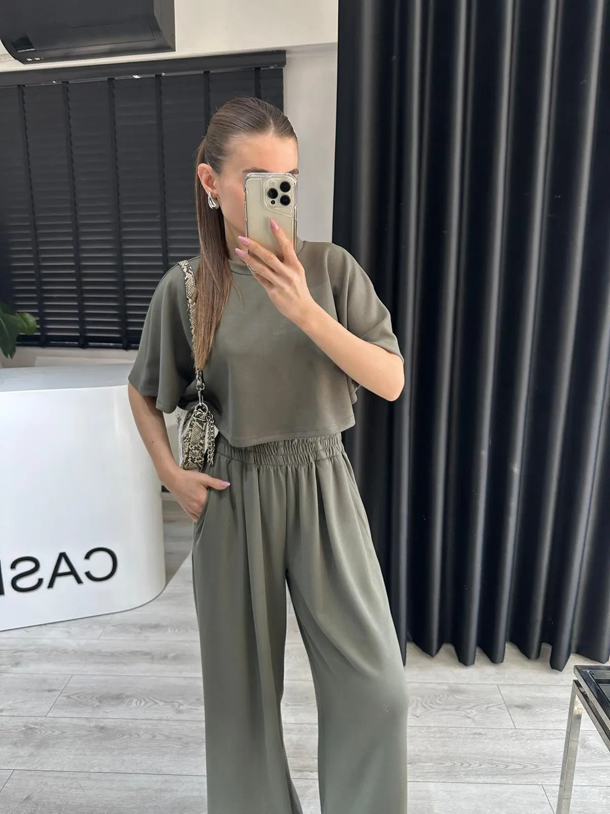 HAKİ BOL PAÇA PANTOLON CROP TAKIM