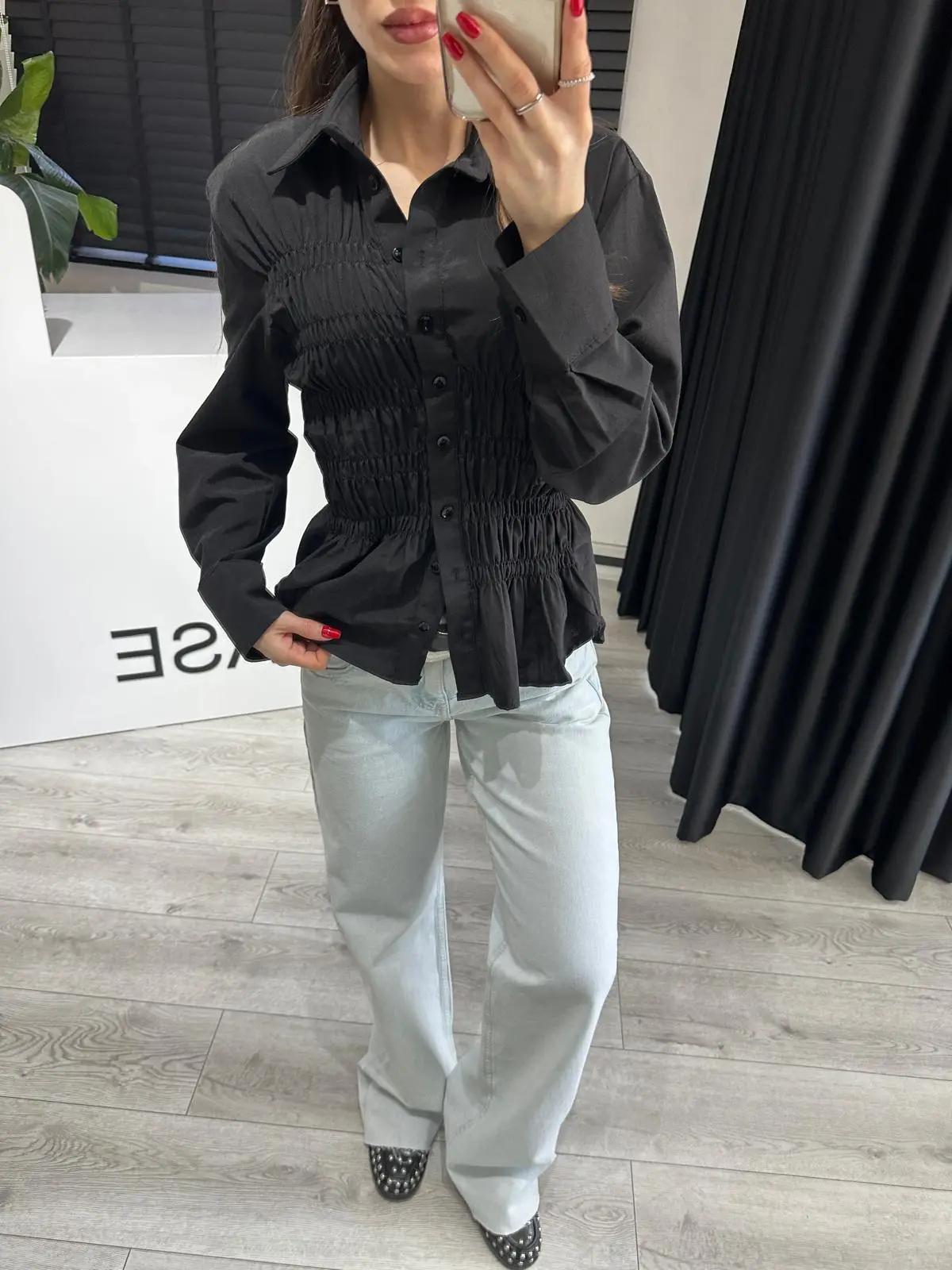 SİYAH BÜZGÜLÜ POPLİN GÖMLEK