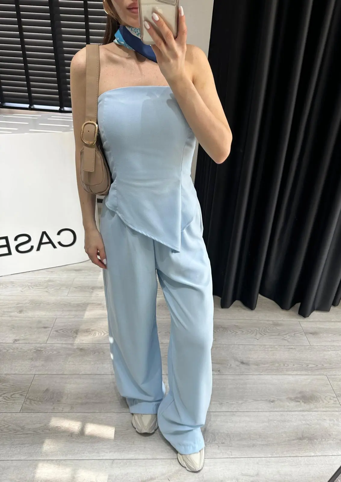 ASİMETRİK STRAPLEZ BLUZ PANTOLON TAKIM