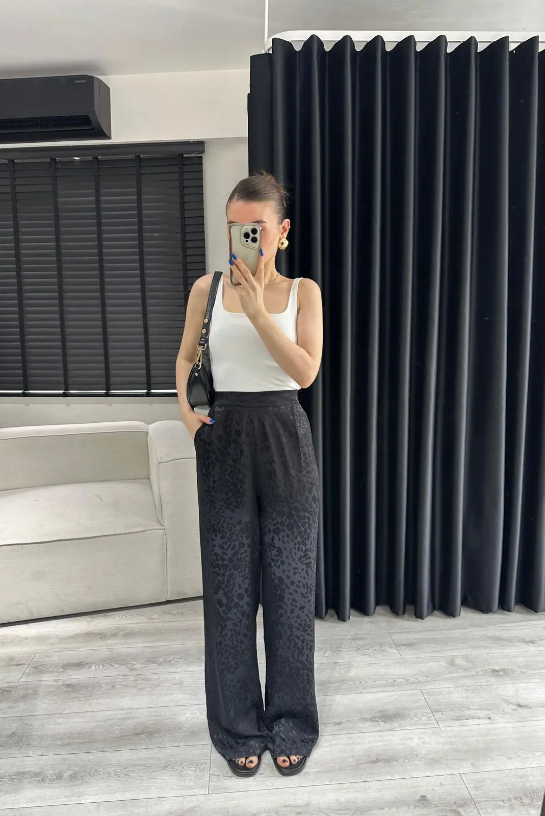 LEOPAR DESEN SİYAH SATEN PANTOLON 
