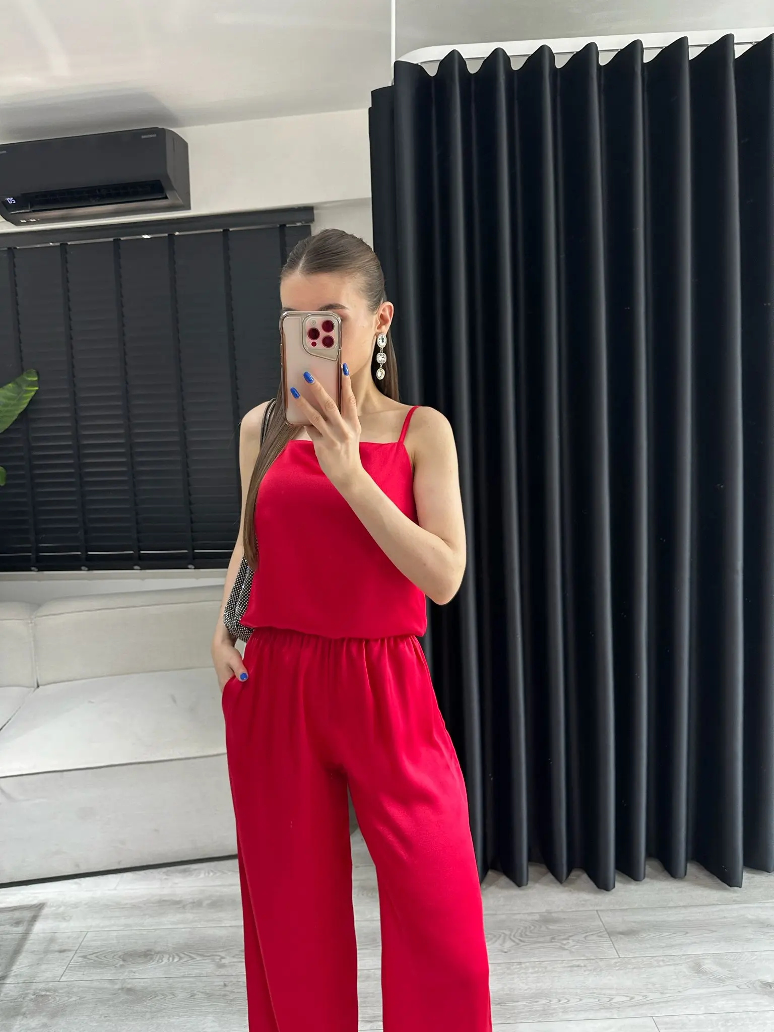 ASKILI BLUZ SATEN KIRMIZI TAKIM