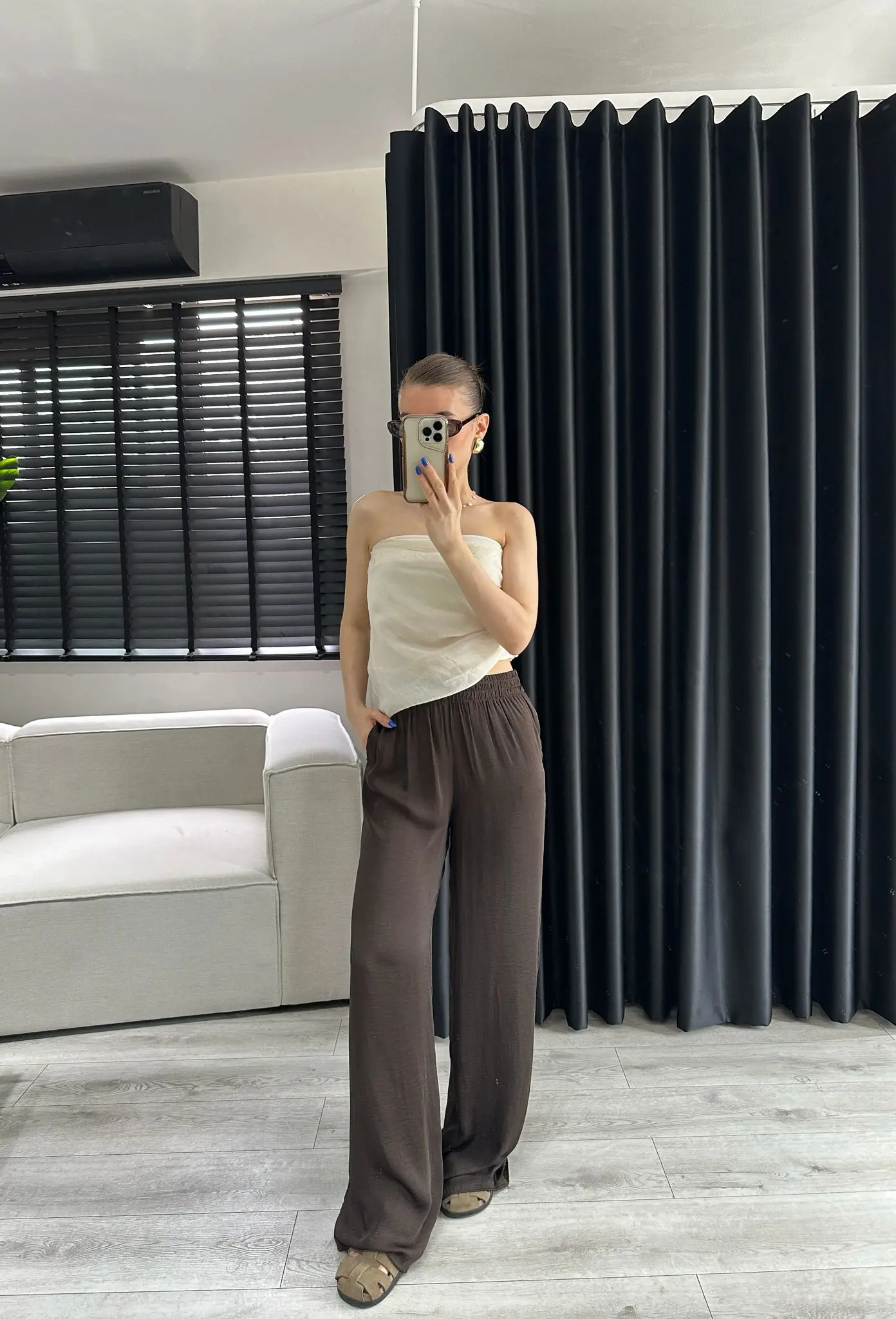 BELİ LASTİKLİ KAHVE SATEN PANTOLON