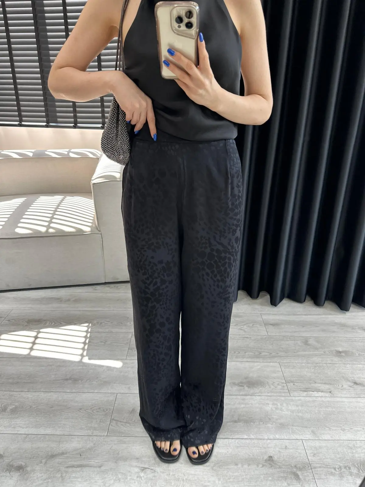 LEOPAR DESEN SİYAH SATEN PANTOLON 