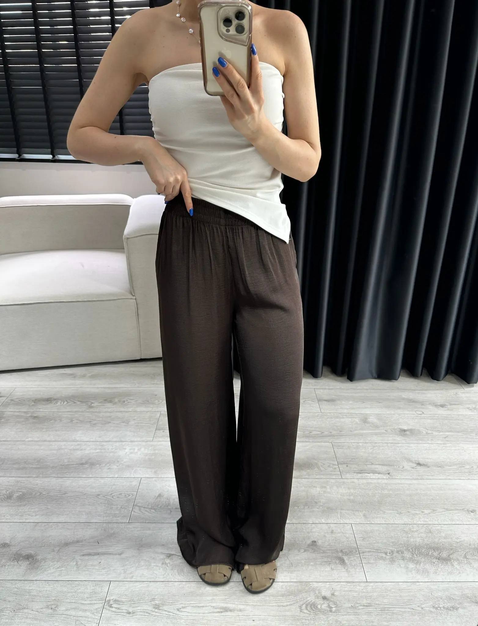 BELİ LASTİKLİ KAHVE SATEN PANTOLON