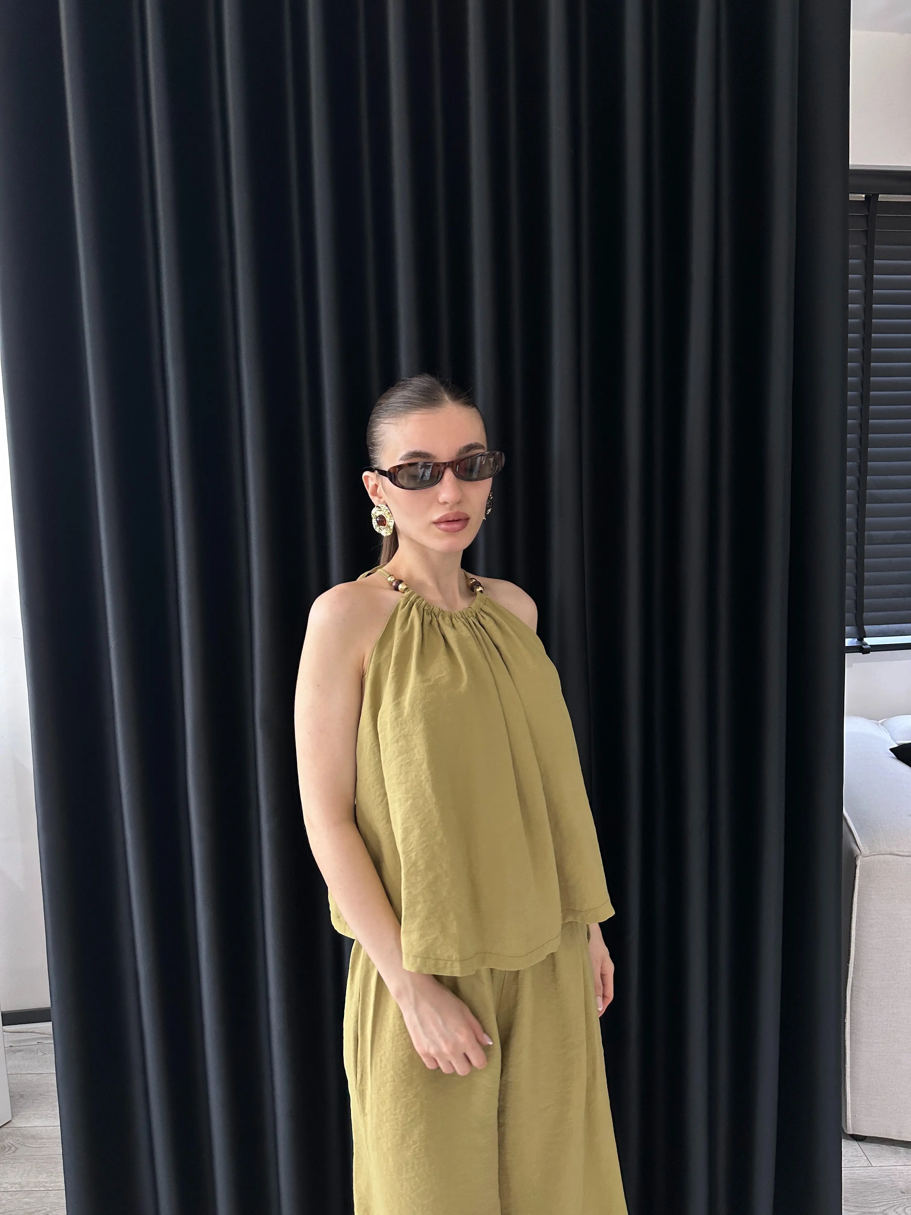 HALTER YAKA OLİVE TENCEL TAKIM