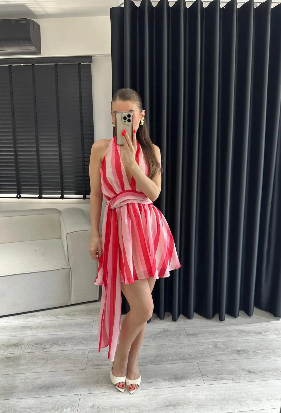 ÇİZGİLİ PEMBE KIRMIZI ELBİSE