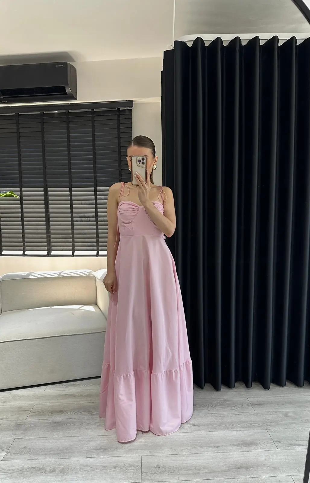 İNCE ASKILI PEMBE MAXİ ELBİSE