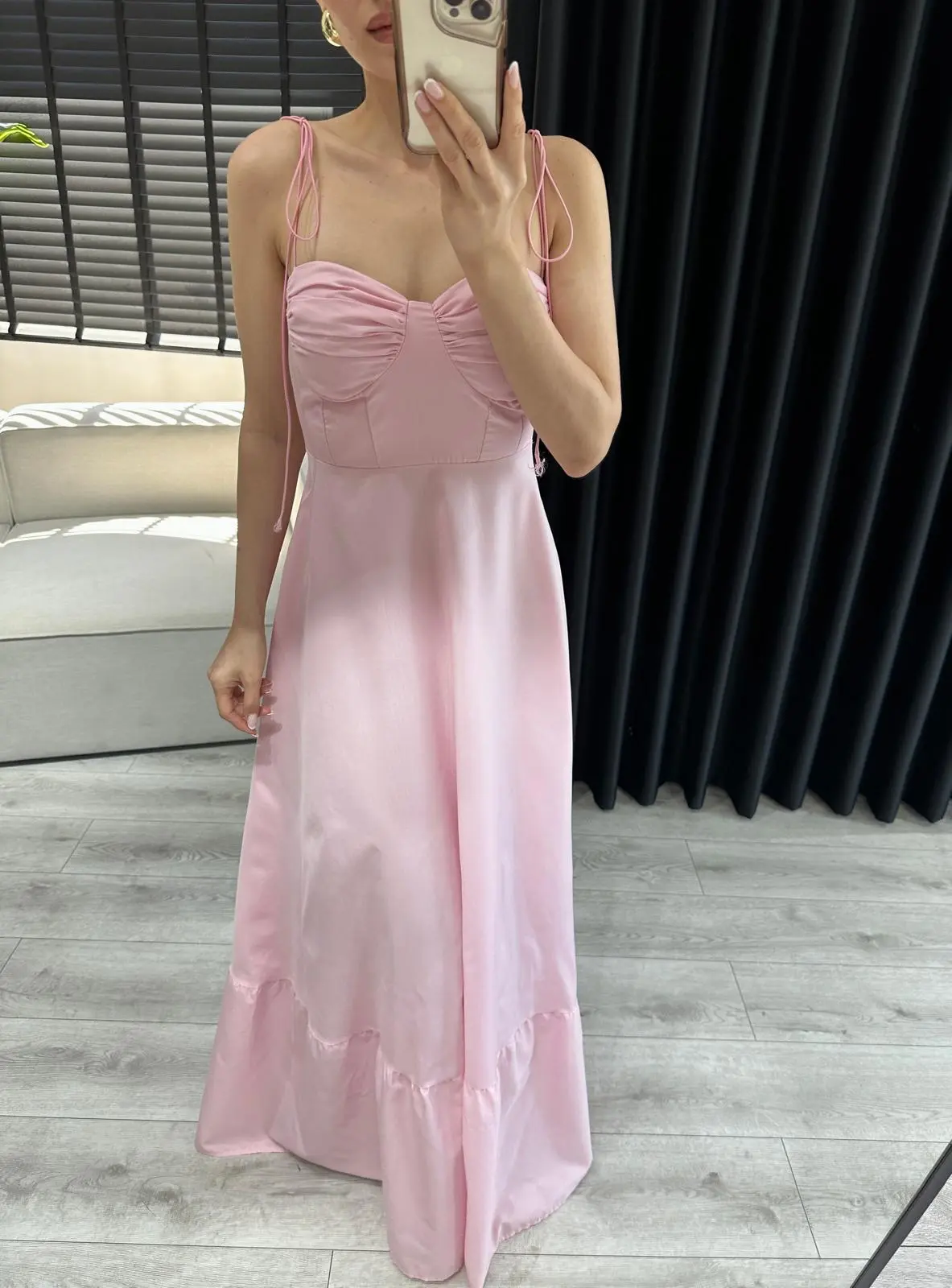 İNCE ASKILI PEMBE MAXİ ELBİSE