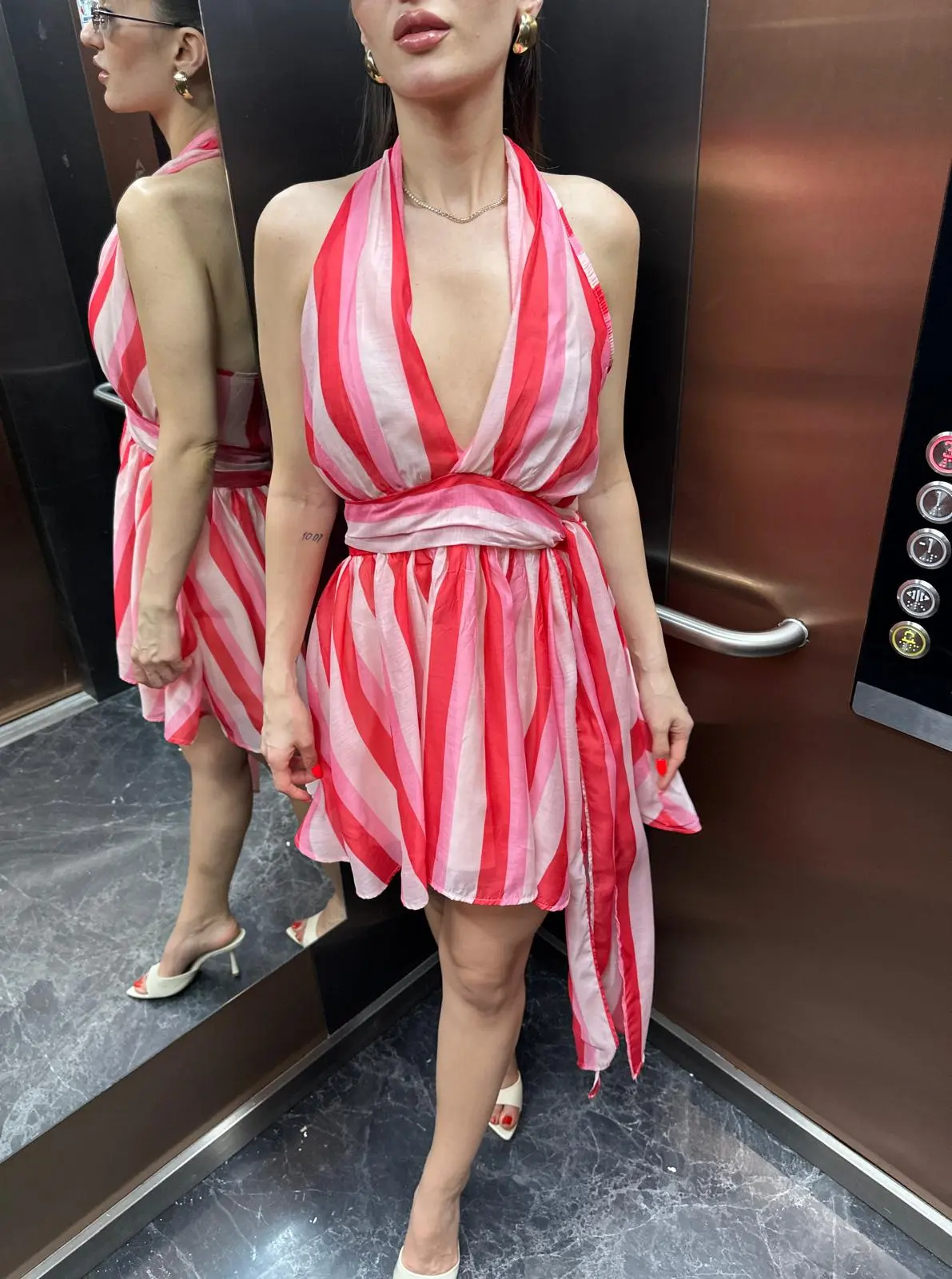 ÇİZGİLİ PEMBE KIRMIZI ELBİSE