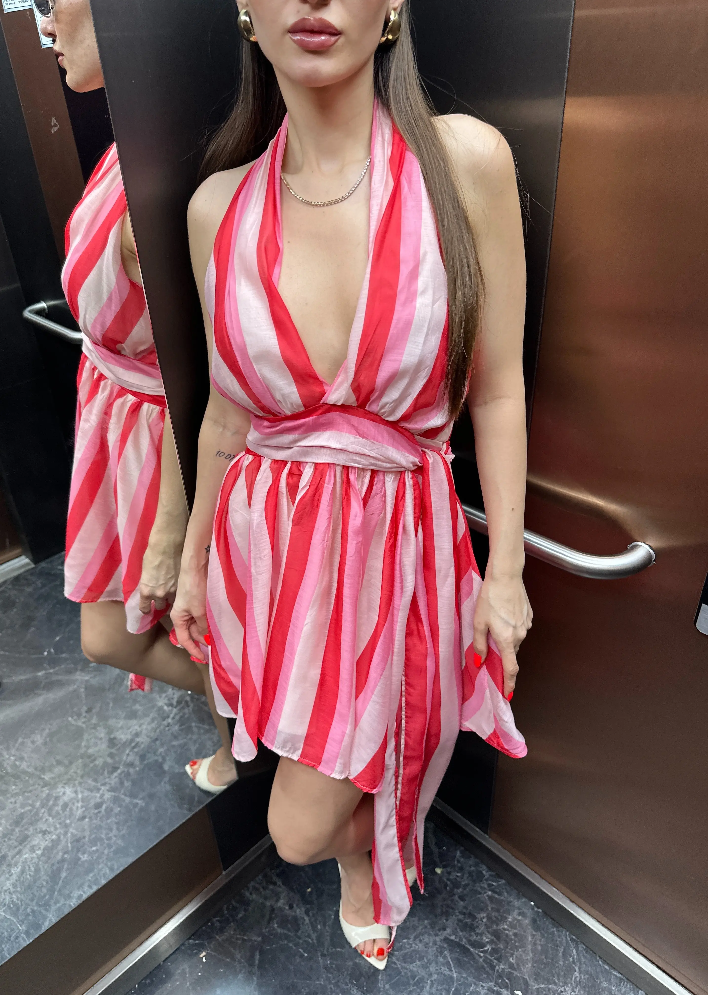 ÇİZGİLİ PEMBE KIRMIZI ELBİSE