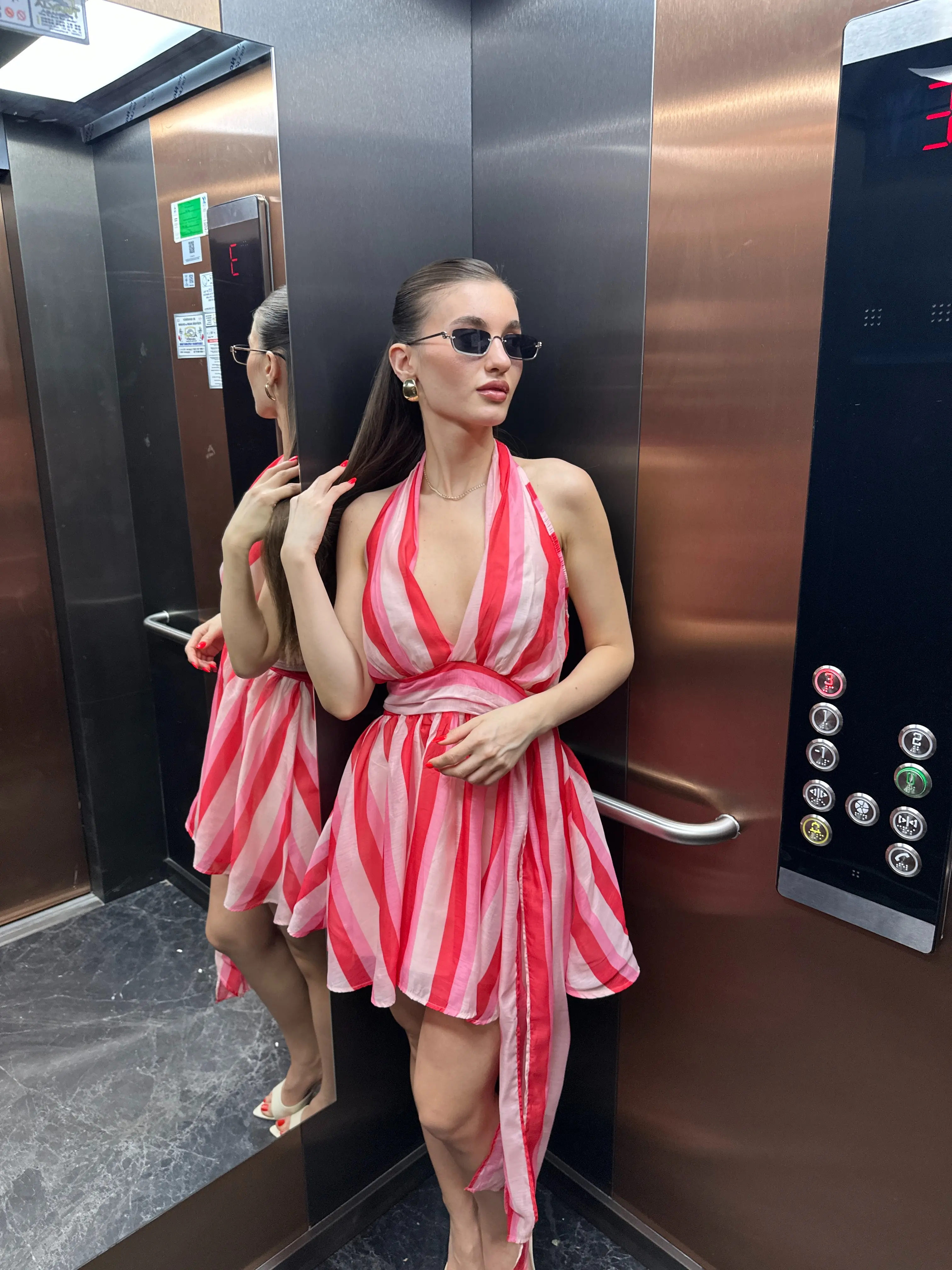 ÇİZGİLİ PEMBE KIRMIZI ELBİSE