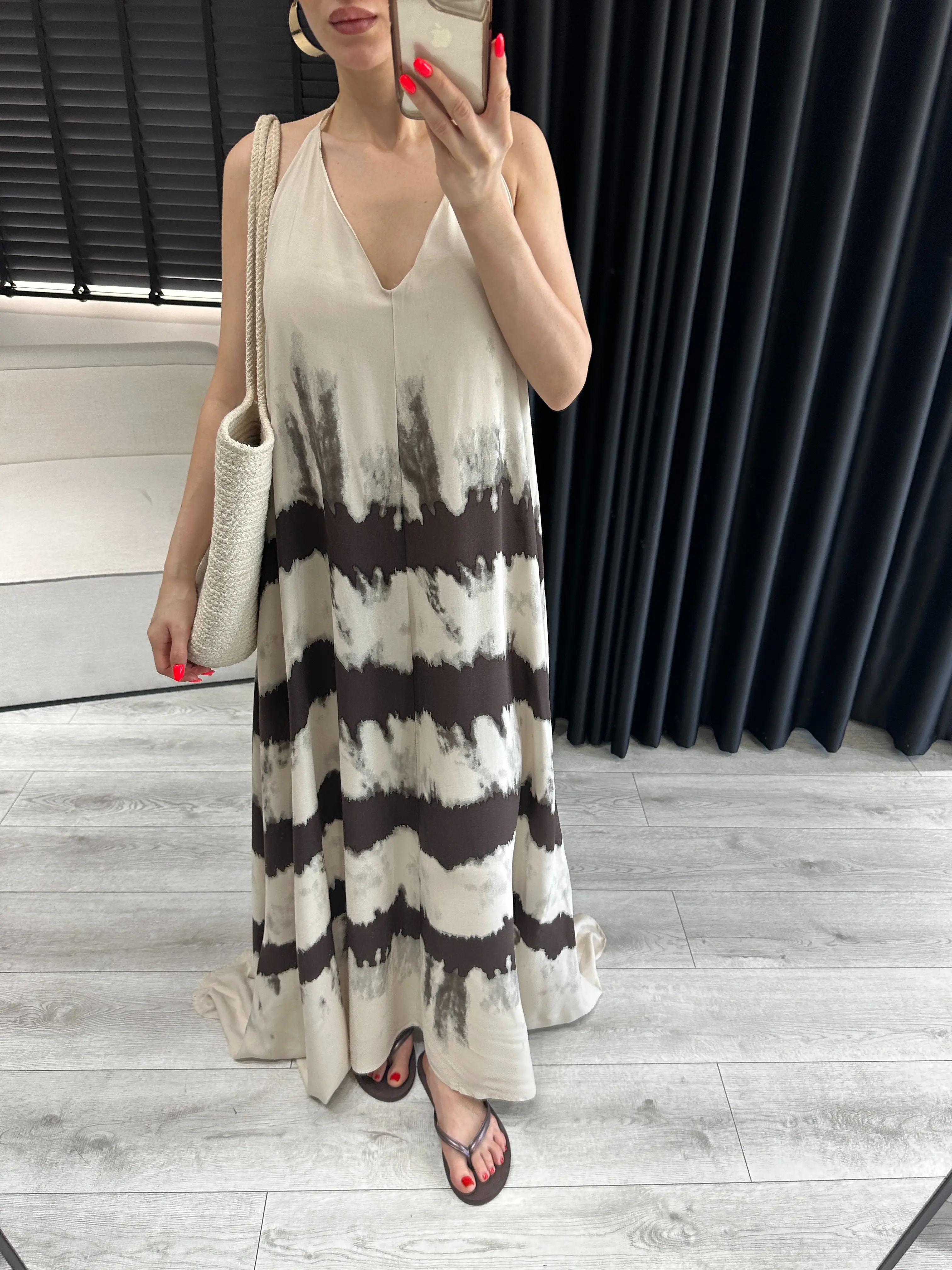 KAHVE BATİK DESEN BEJ ELBİSE