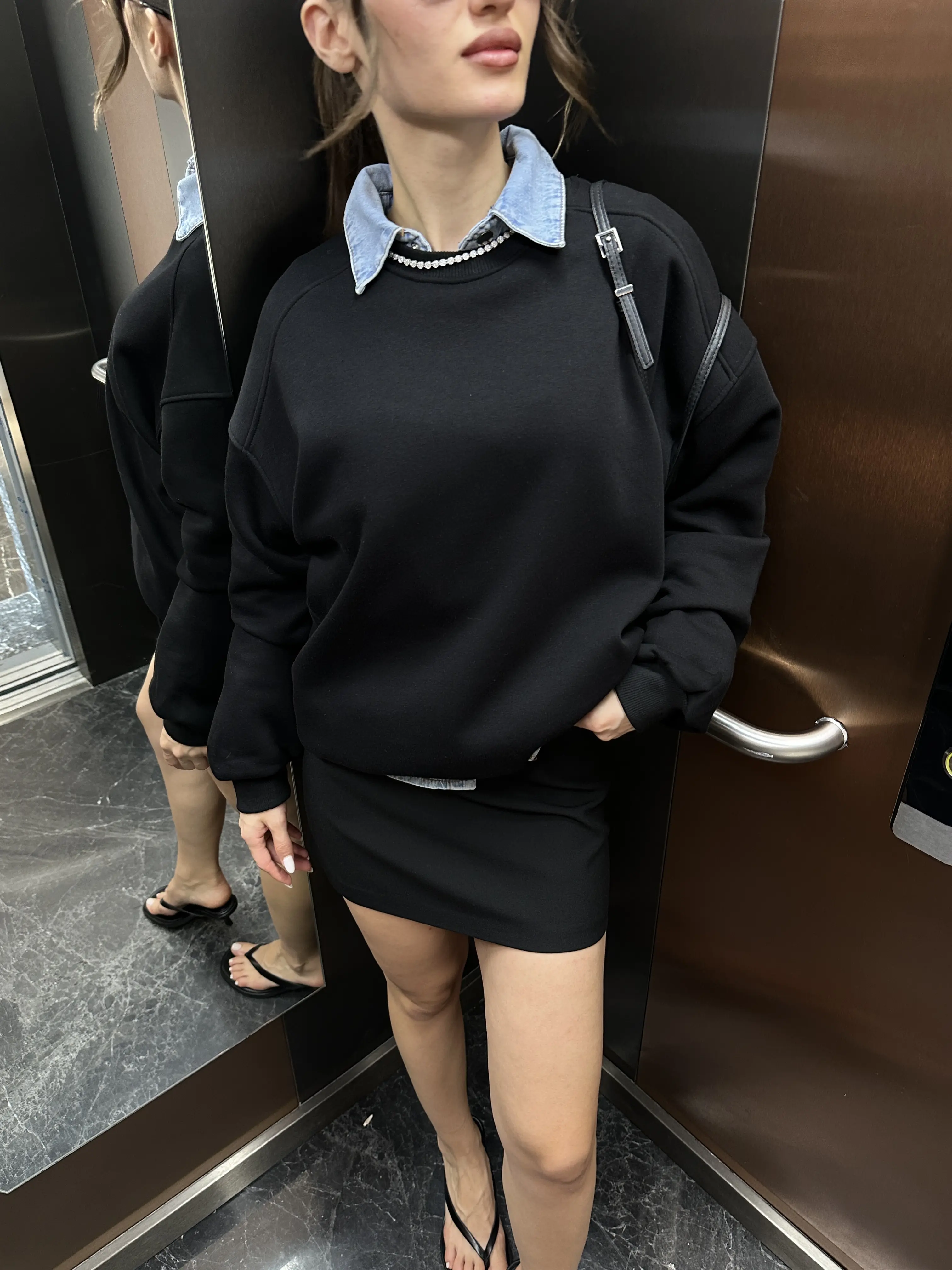 Bisiklet yaka tam boy siyah sweat