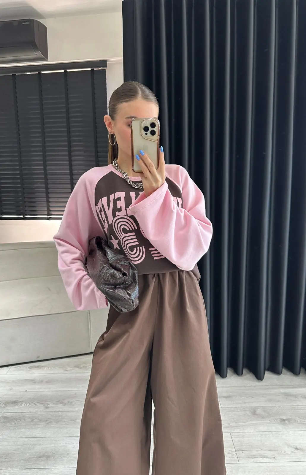 Yazı Baskılı Pembe/Kahve Sweatshirt