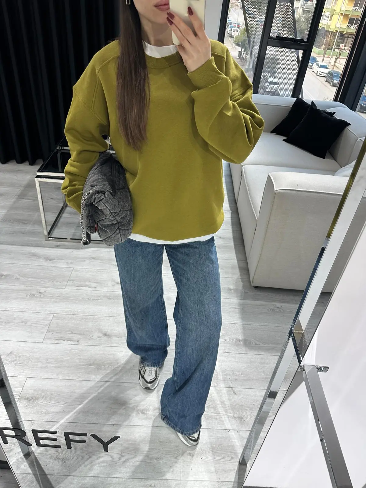 Yuvarlak Yaka Yağ Yeşili Sweatshirt