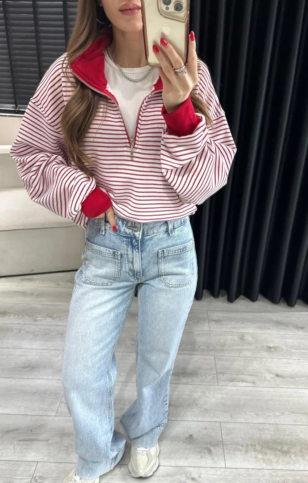 Fermuarlı Kırmızı Çizgili Sweat