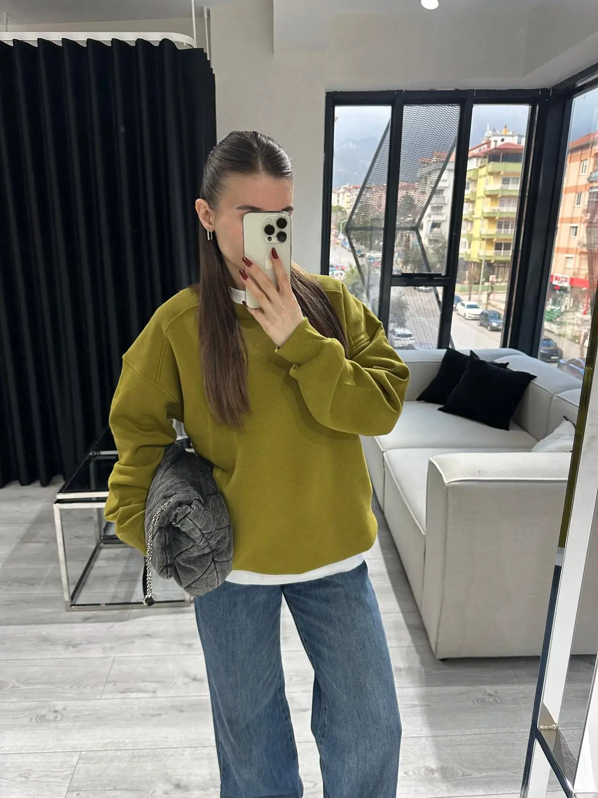 Yuvarlak Yaka Yağ Yeşili Sweatshirt