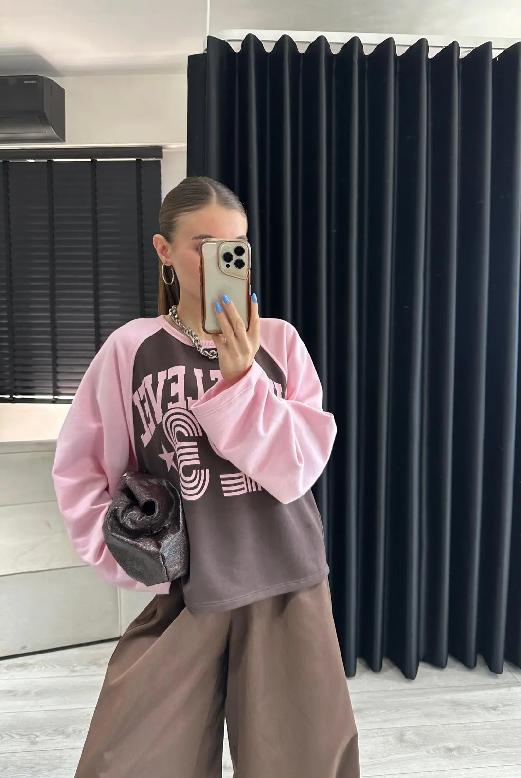 Yazı Baskılı Pembe/Kahve Sweatshirt