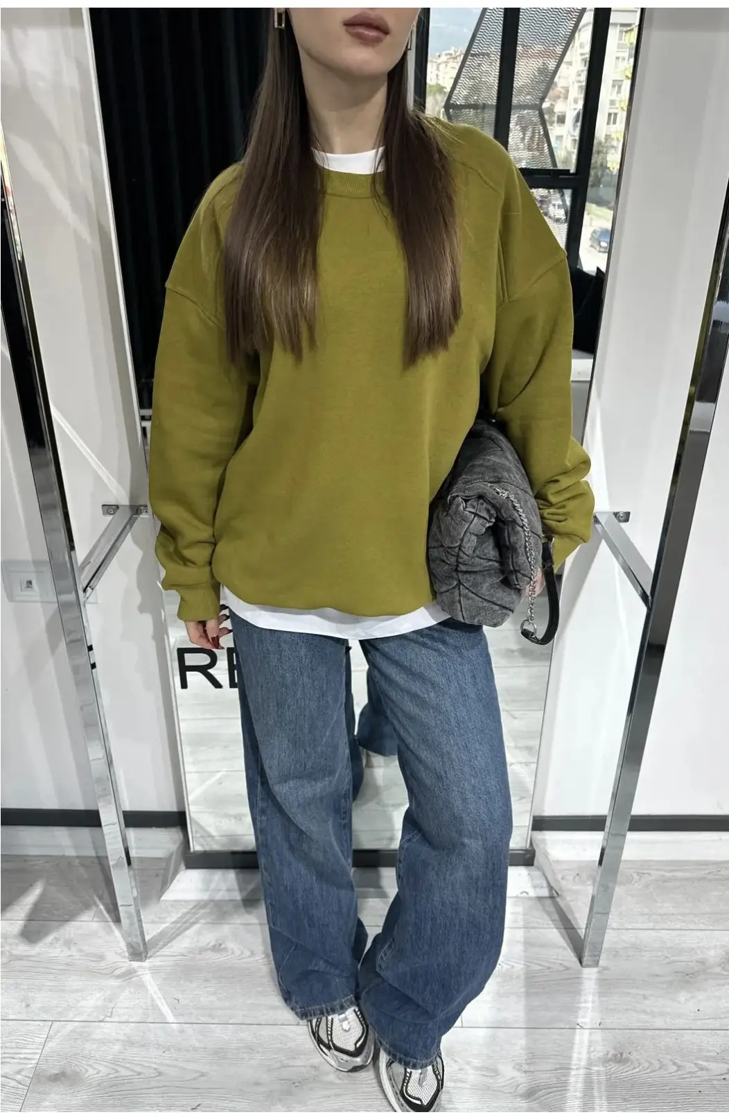 Yuvarlak Yaka Yağ Yeşili Sweatshirt