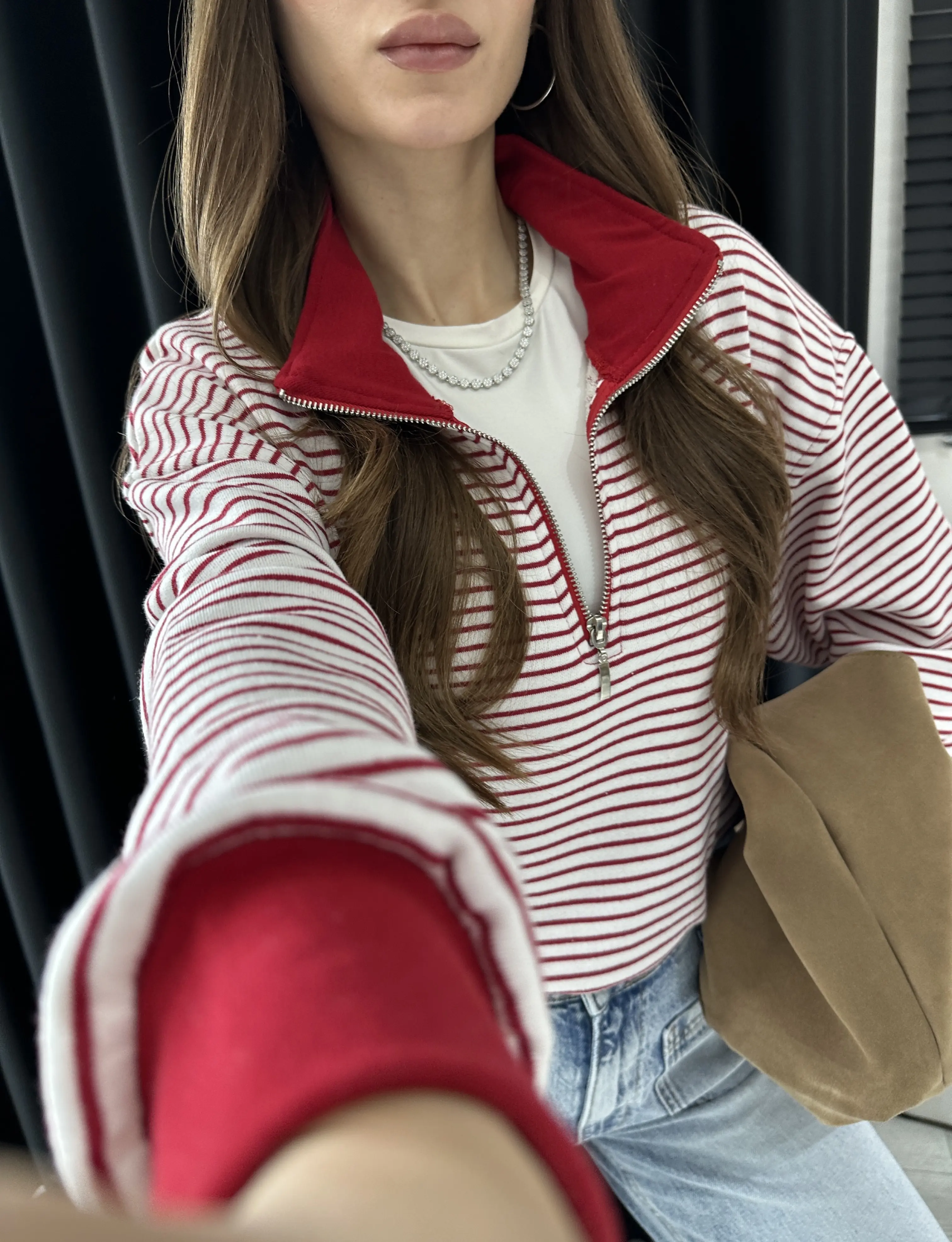 Fermuarlı Kırmızı Çizgili Sweat