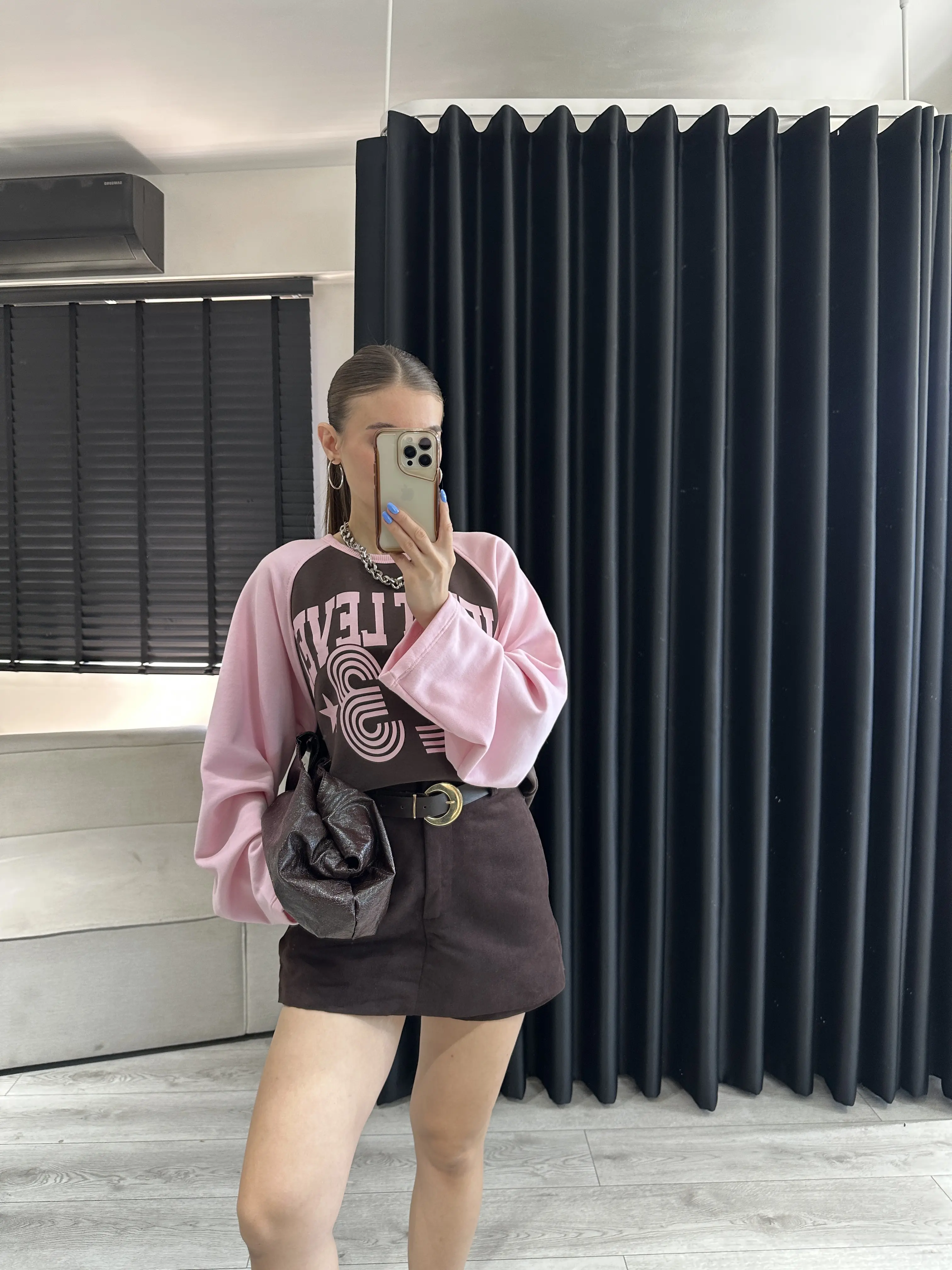 Yazı Baskılı Pembe/Kahve Sweatshirt