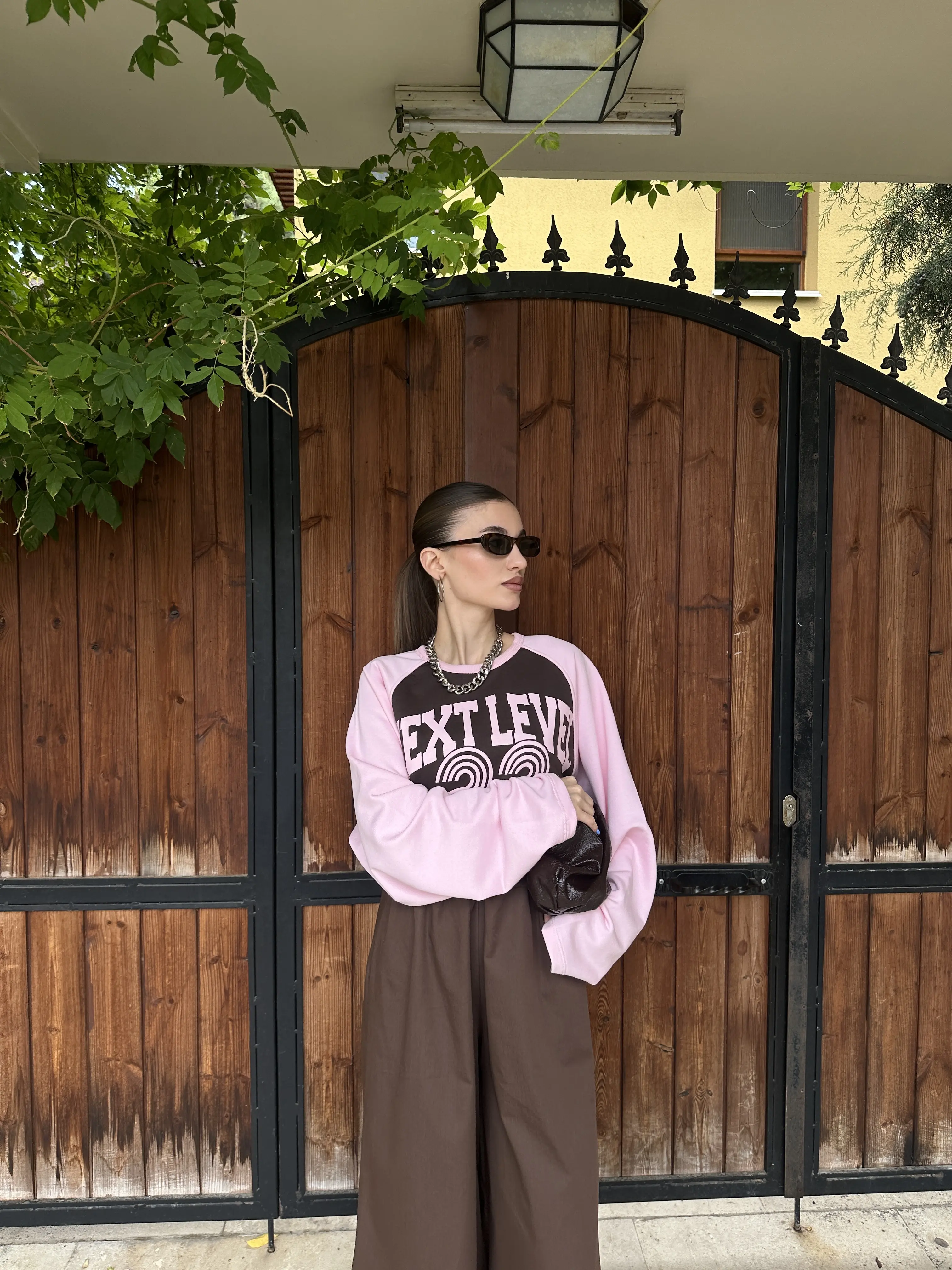 Yazı Baskılı Pembe/Kahve Sweatshirt