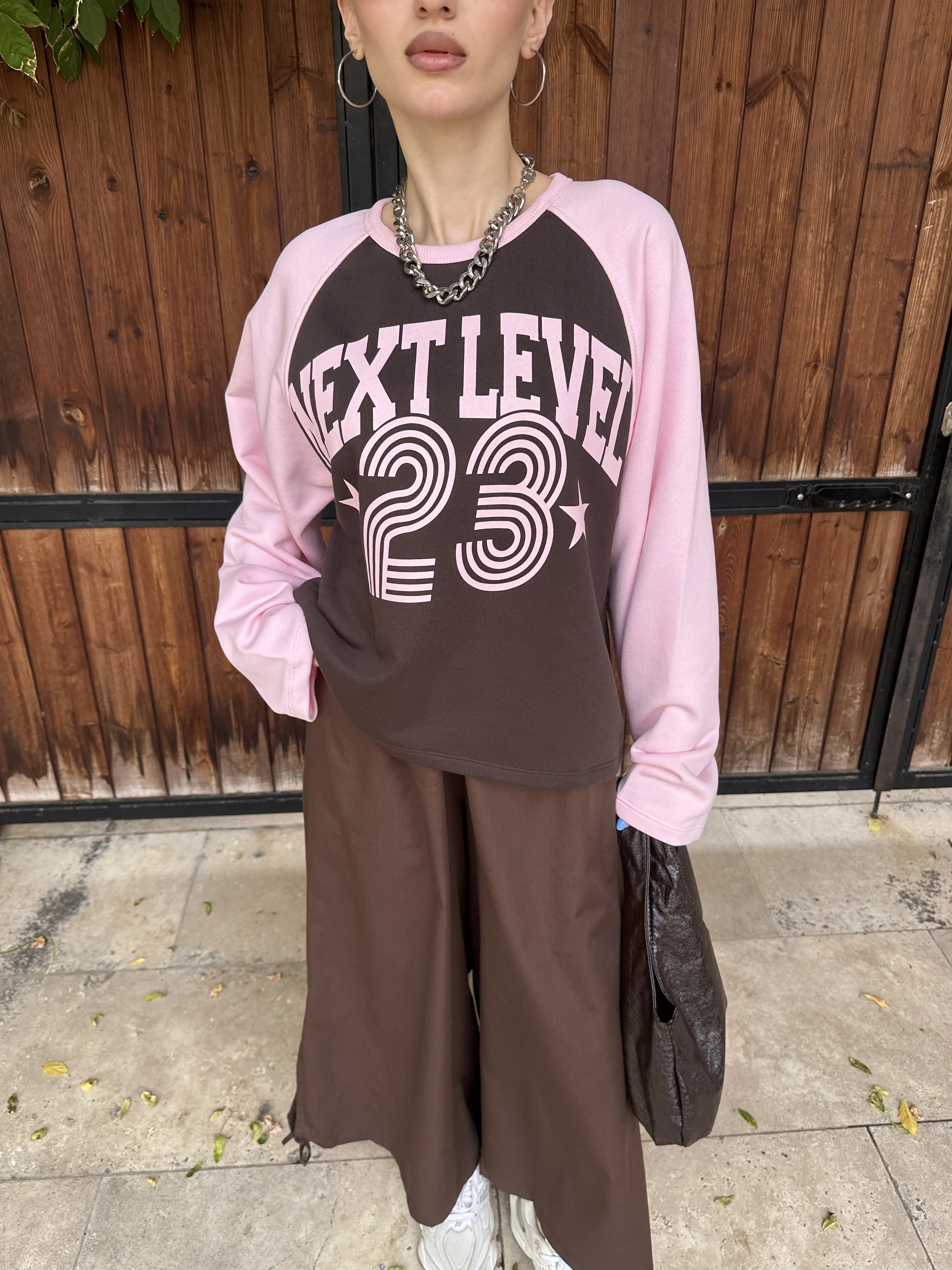 Yazı Baskılı Pembe/Kahve Sweatshirt