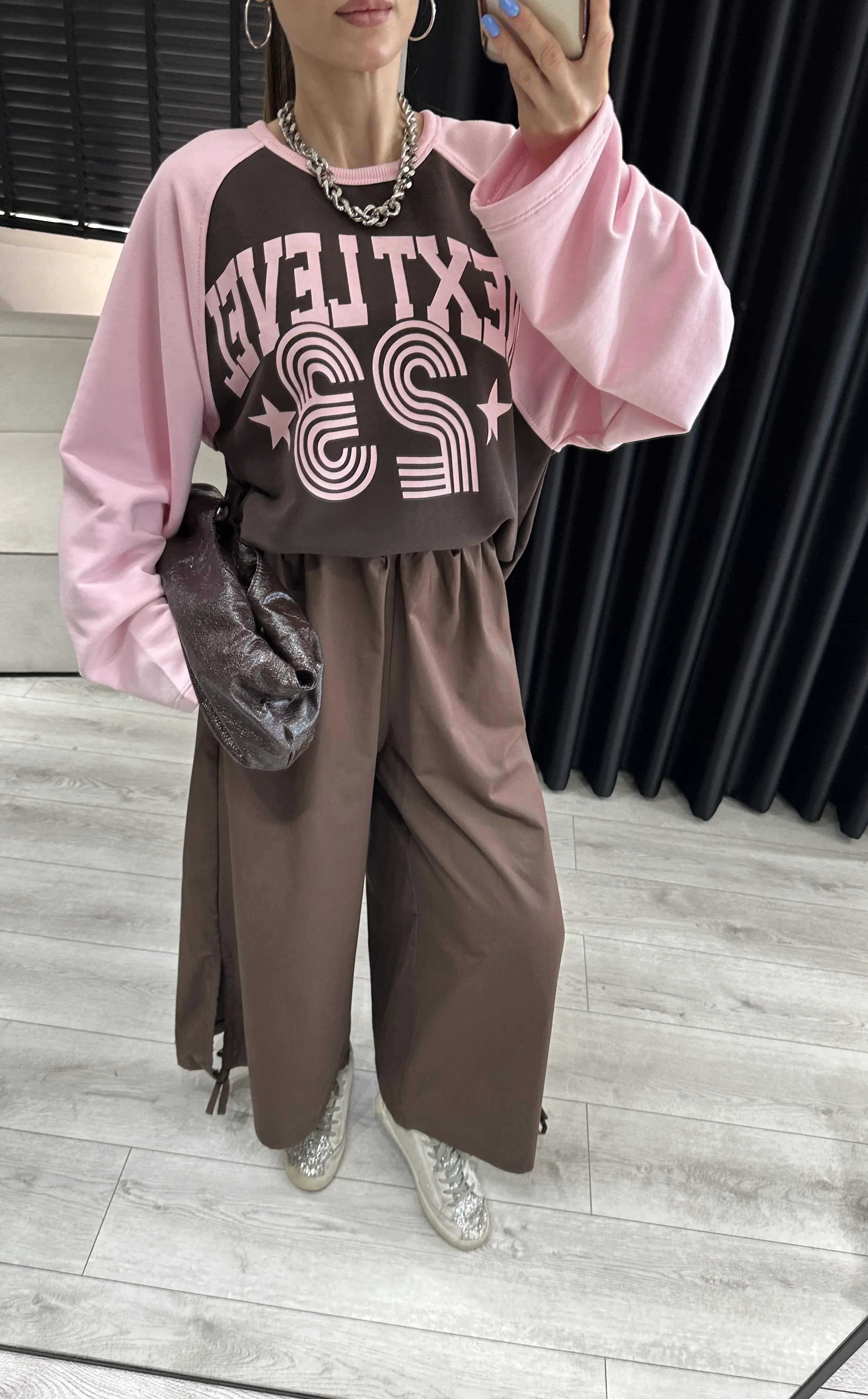 Yazı Baskılı Pembe/Kahve Sweatshirt